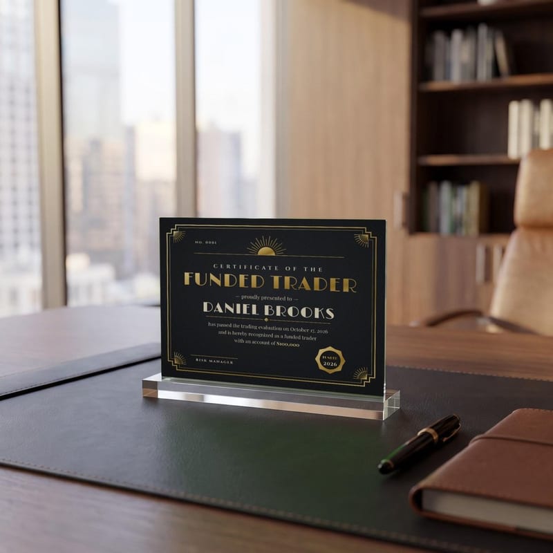 Funded trader certificate on clear acrylic