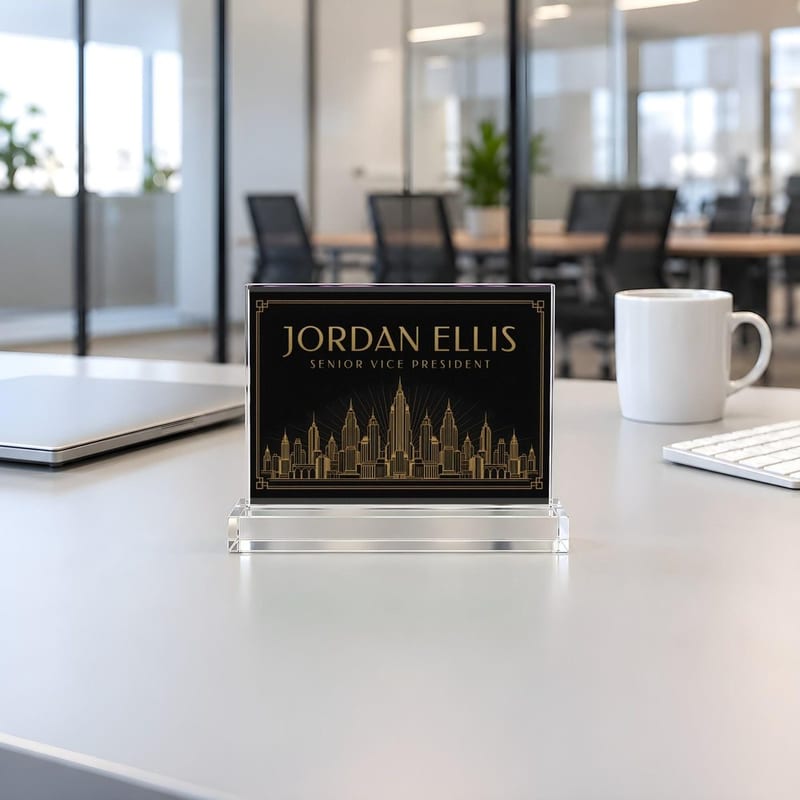 Acrylic desk name plate in an office