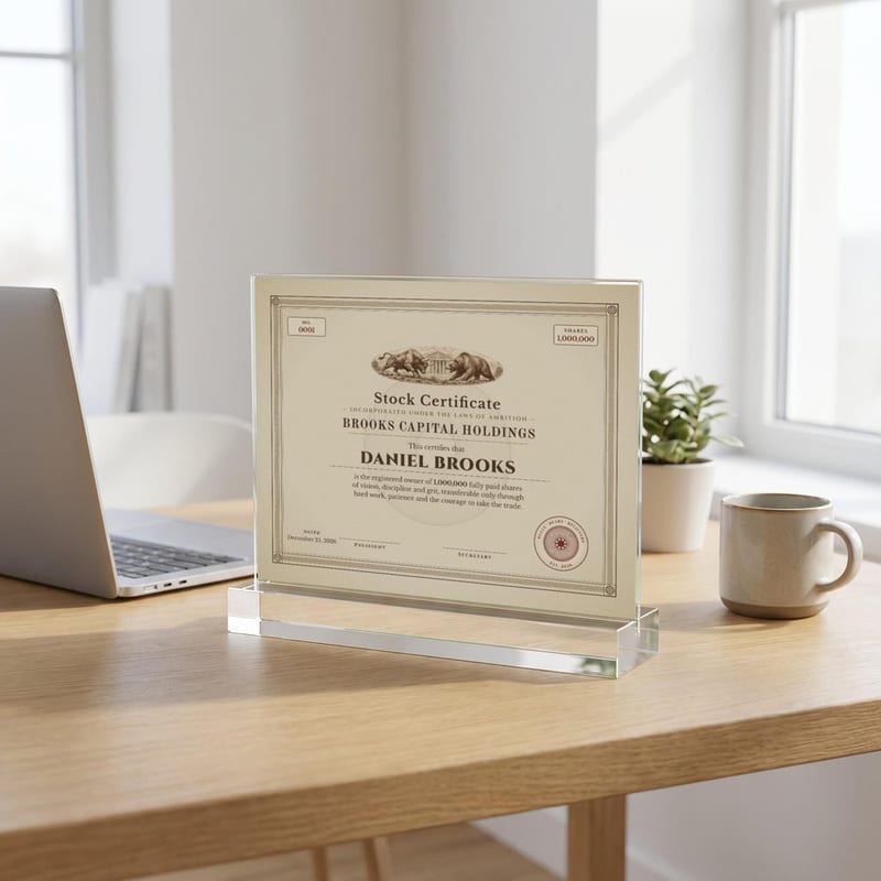 Personalized stock certificate on clear acrylic